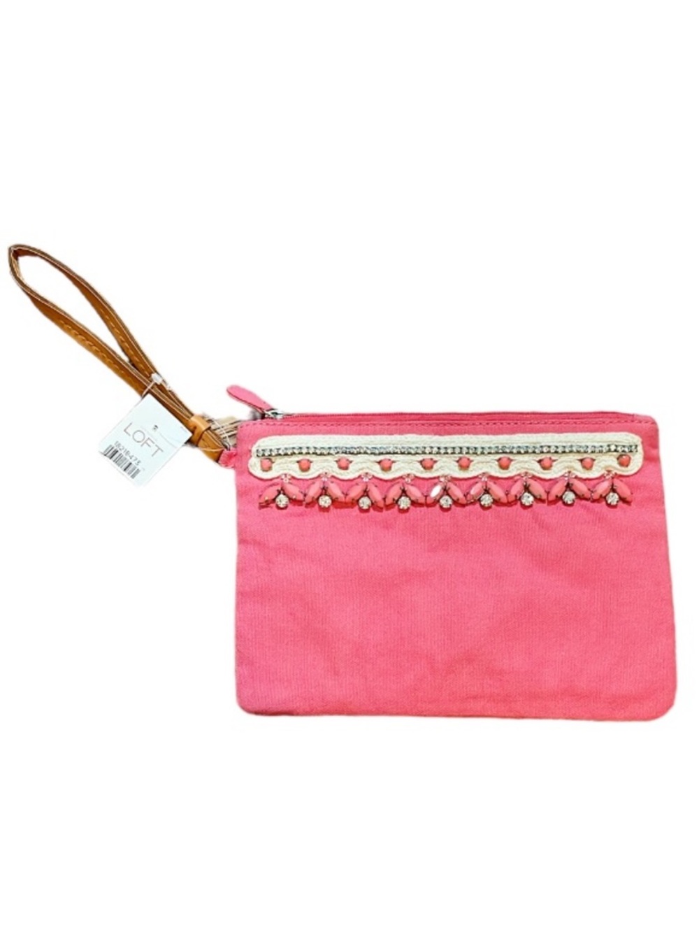 LOFT pink sparkle beaded cotton zip closure wristlet bag one size